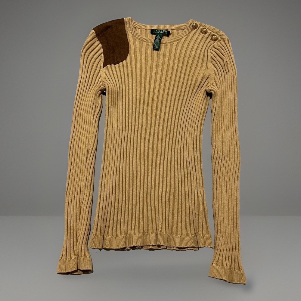 Lauren Ralph Lauren Womens Camel Gold Button Ribbed Knit Shooting Sweater S